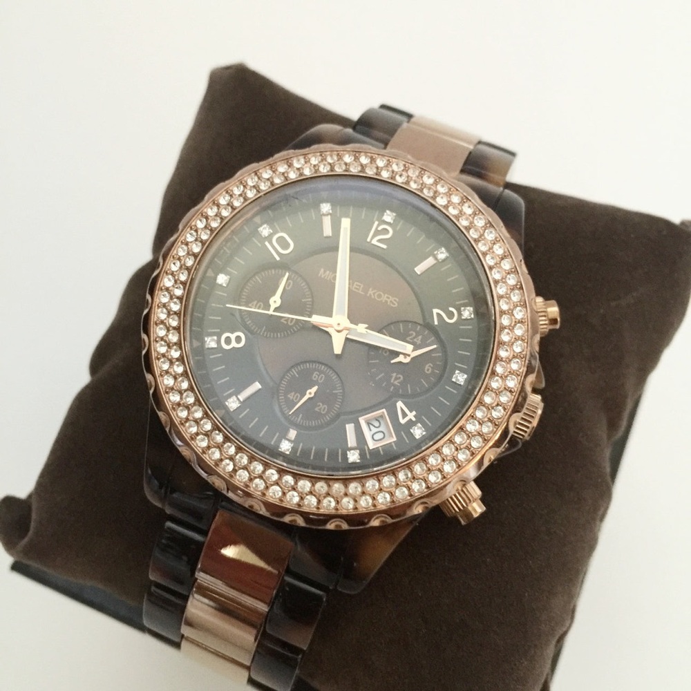Michael Kors Tortoise w/ Rose Gold Plate & Diamond Bezel Women's Watch